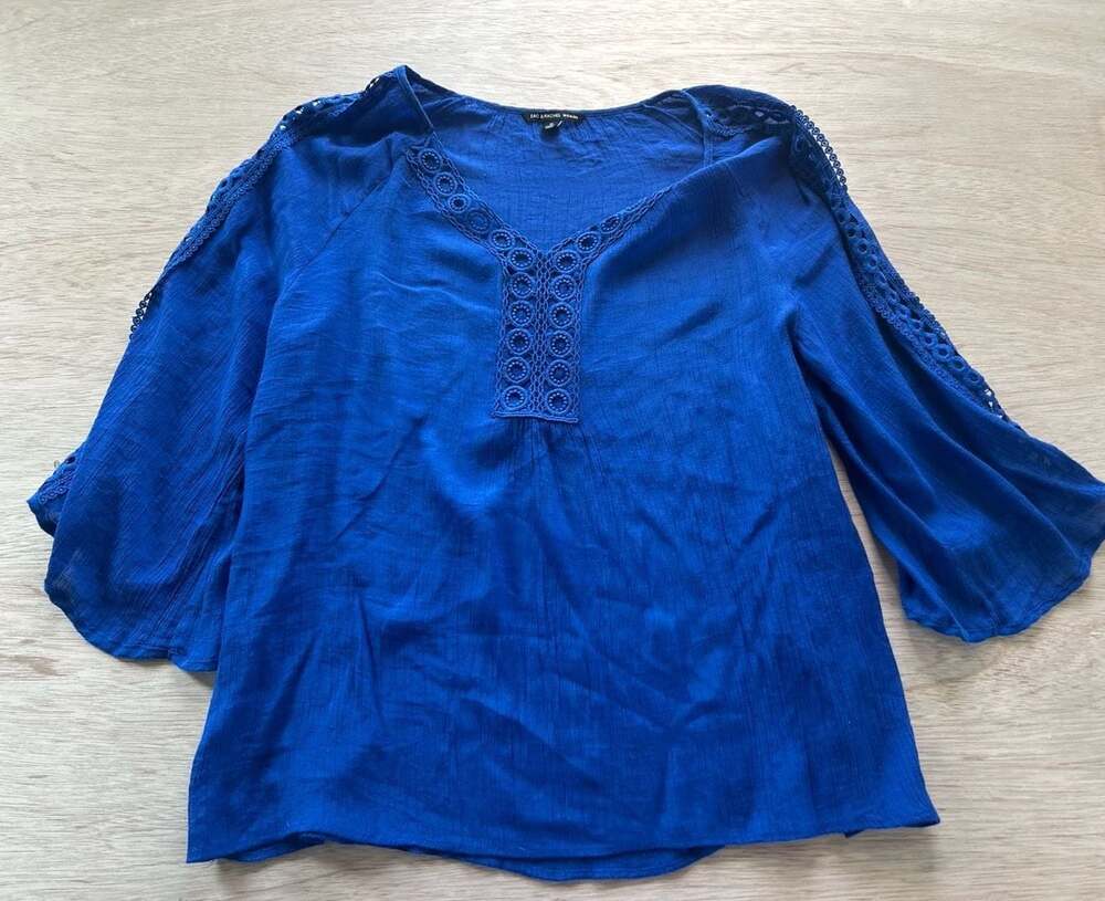 Zac & Rachel Woman Royal Blue Peasant Blouse 1X Crochet Trim